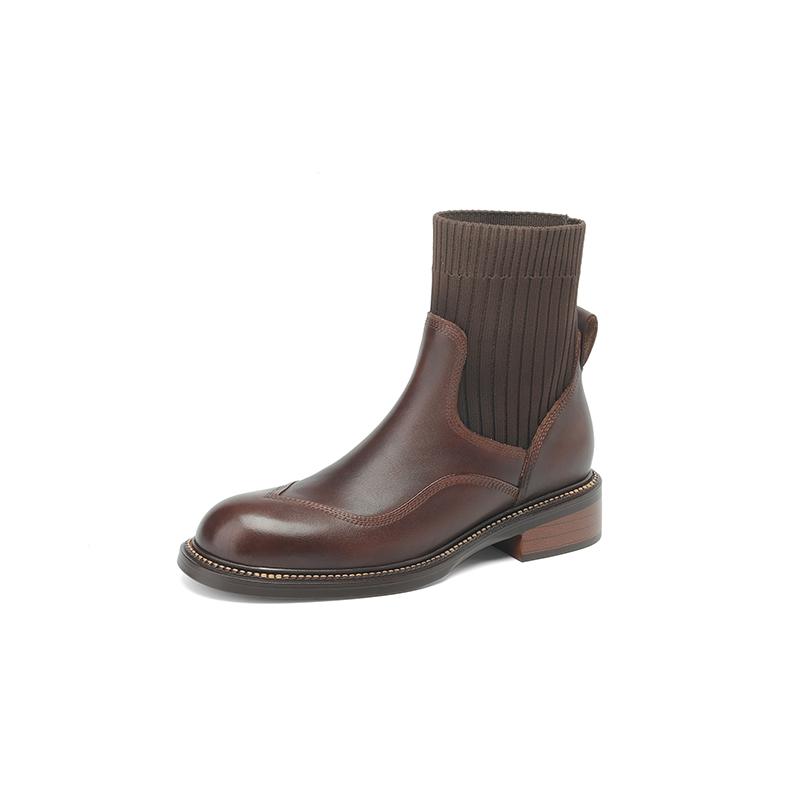 2024 New Vintage Short Boots for Women Genuine Leather Thick High Heels Autumn Winter Shoes Woman Square Toe Basic Office Lady