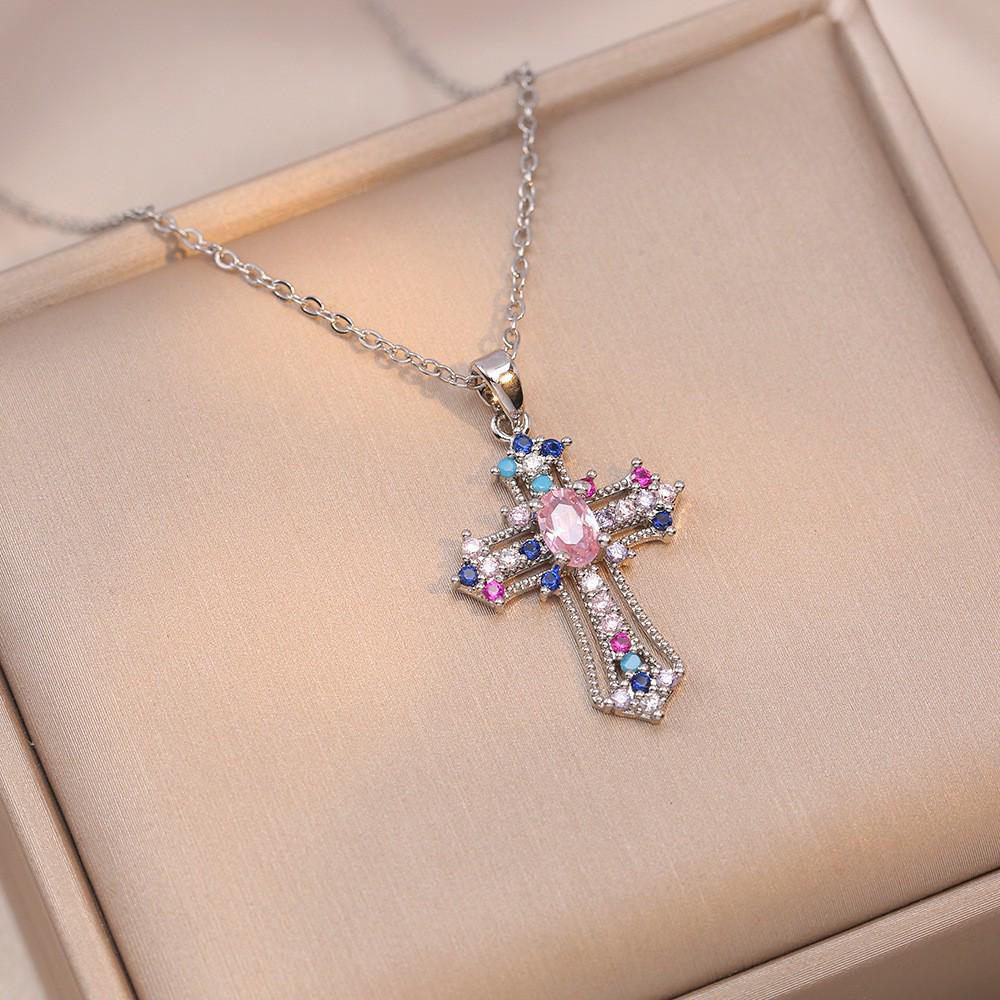 Damen Bunte Zirkon Kreuz Halskette - Nischendesign mit Voll-Diamant-Anhänger an Edelstahlkette
