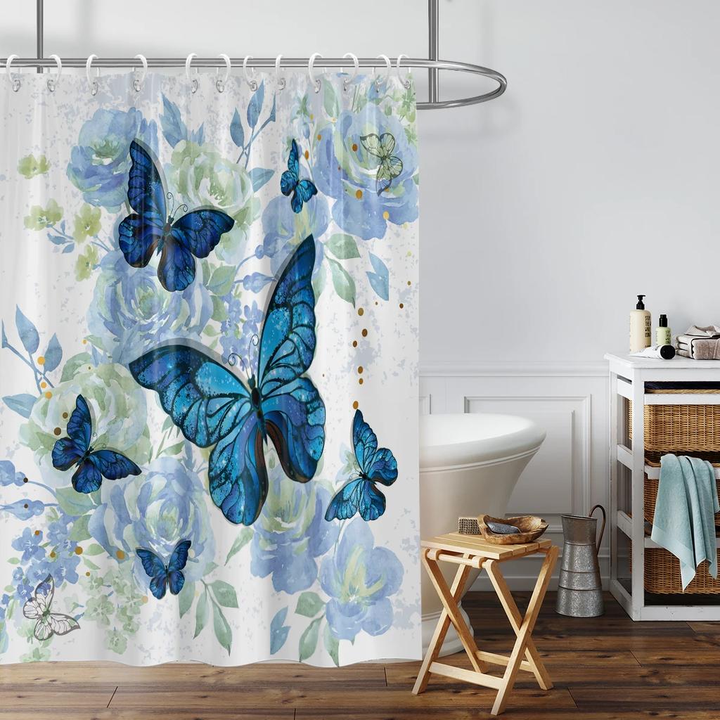 1 Piece Of 180X180Cm Blue Butterfly Flower Printed Shower Curtain Partition, Bathroom Waterproof And Mold Resistant