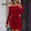 Abito da donna autunno-primavera, monospalla, manica lunga, catena elastica, decorazione, tubino, vita stretta, pieghe, paillettes, vestibilità slim sopra il ginocchio, mini abito da club per feste