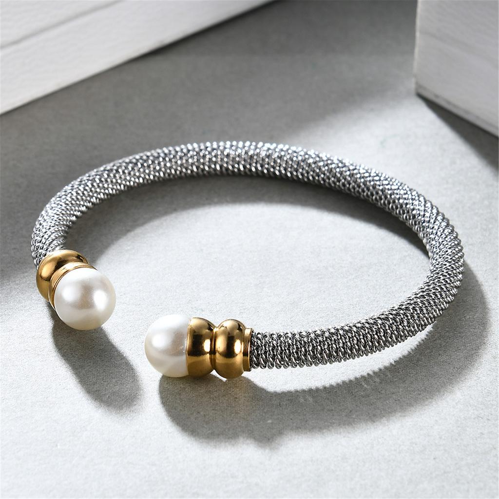 Personality Cable Pearls Titaniums Steel Bracelet Adjustable Open Bangle Two Color Electroplated Wristband for Women