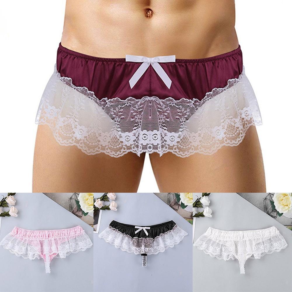 Men Sissy Lace See Through Panties Sexy Satin Thong Briefs Underwear