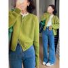 Korean Double Zipper Avocado Green Knitted Cardigan: Slim, Versatile Short Sweater for Women, Perfect for Layering and Flattering Fit.