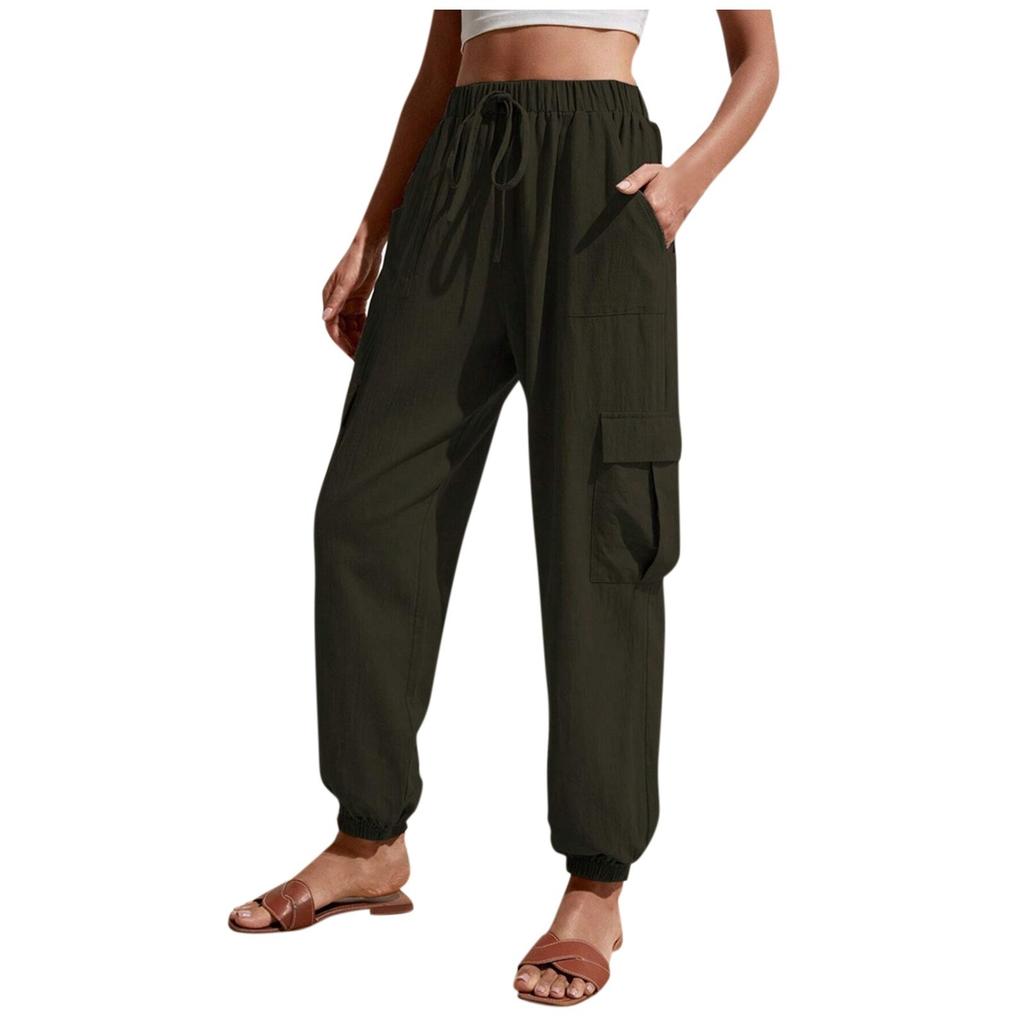 Women's Fashionable Solid Color Elastic Waist Pocket Versatile Casual Work Pants