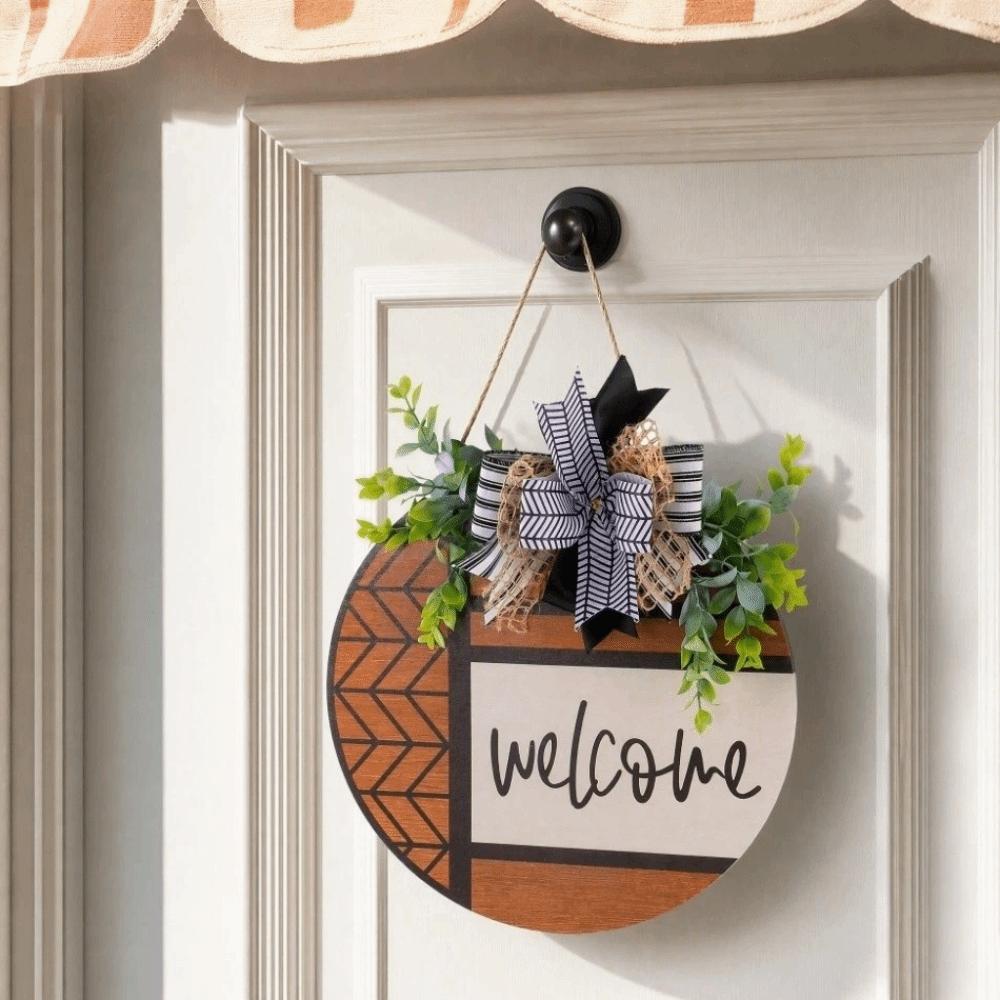 Artificial Plant Welcome Sign Wooden Hanging Decoration Ornaments Door Wreath Porch Decor