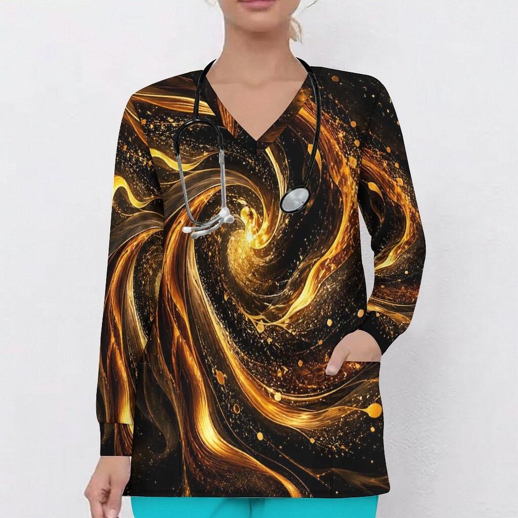 Women Plus Size Teal Black Gold Marble Printed Nurse Scrub Top V Neck Long Sleeve With Front Pockets