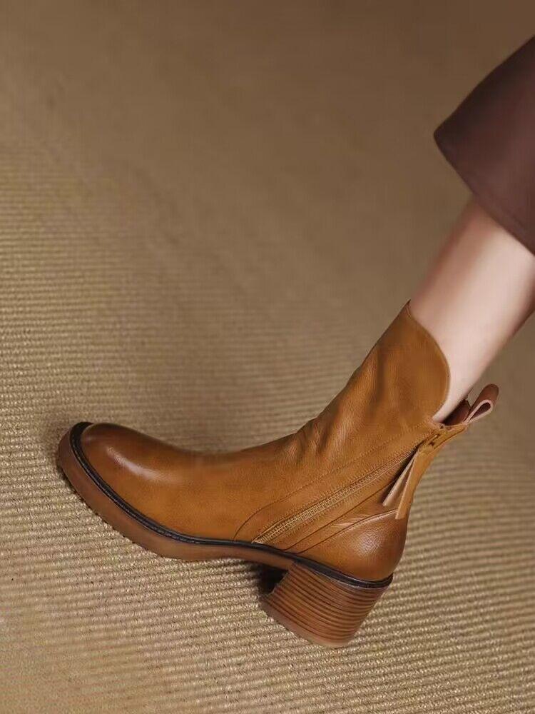 Original'Chelsea Boots Autumn Thick Heel Brown Short Boots Female British Style Handsome Martin Boots Leather Boots