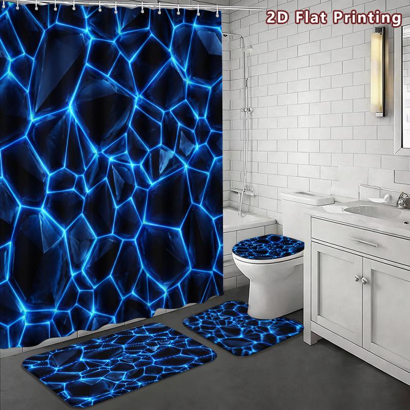 4-teiliges Modern Art Duschvorhang-Set mit rutschfester Badematte, Toilettendeckelbezug, Kontur-Teppich & 12 Haken, Badezimmerdekoration