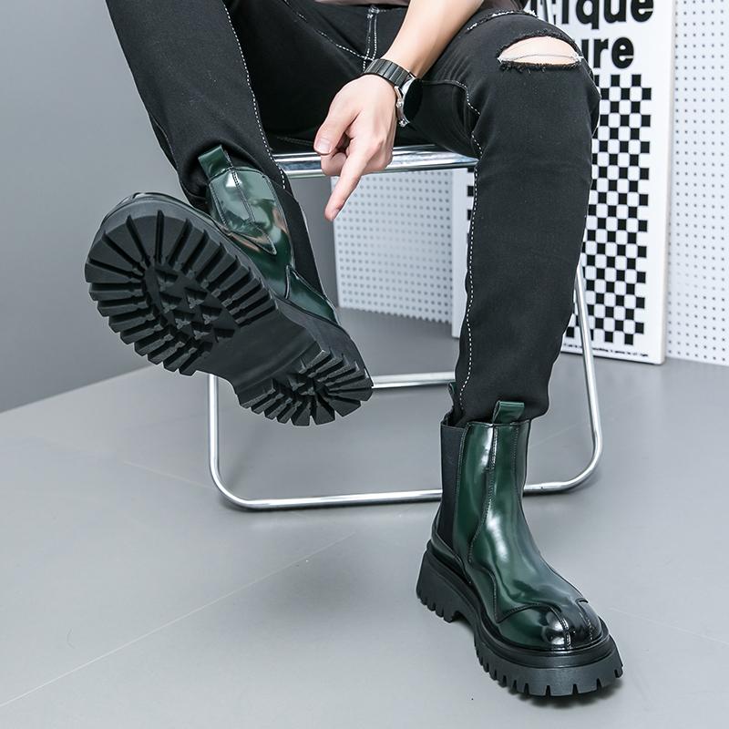 Fashion Golden Sapling Men's Boots Green Patent Leather Shoes Comfortable Platform Ankle Boot Men Leisure Party Footwear Leisure Flats