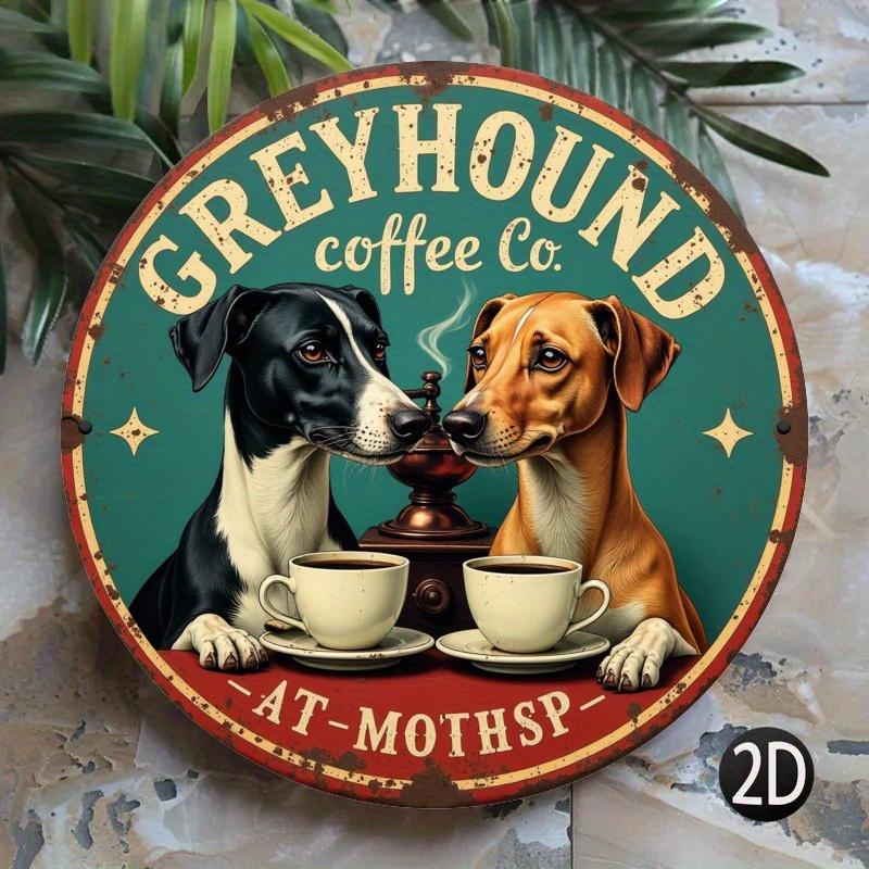 2d Flat 20*20cm, Retro Greyhound Coffee Company Circular Wooden Logo, Retro Wall Decoration with Dog and Coffee Design, Rustic Blue Background