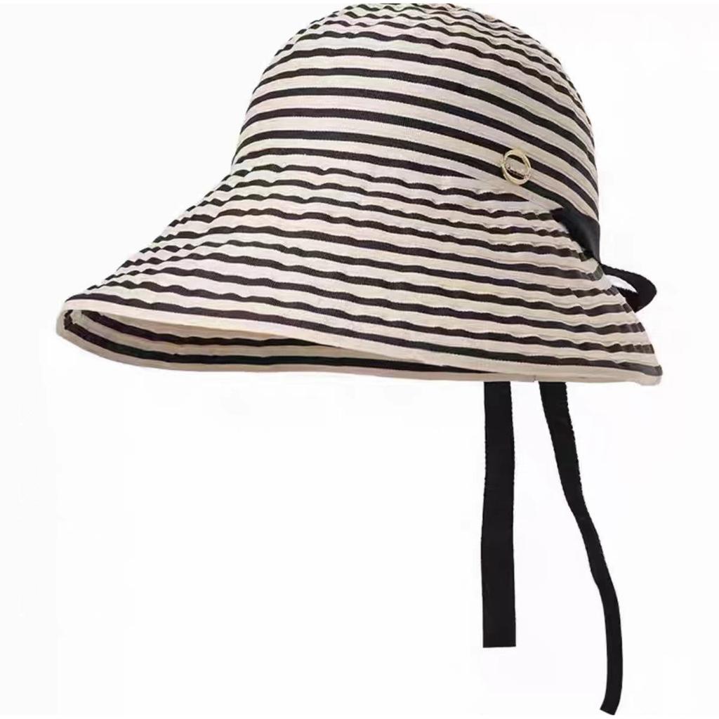 Retro Striped Lace-up Fisherman Hats For Women Summer UV Protection Bucket Hat Casual Outdoor Female Wide Brim Panama Basin Cap