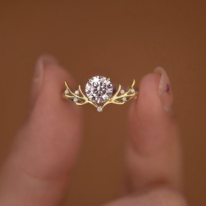 Cao Shi Exquisite Antler Zircon Ring & Light Luxury Trendy Earrings for Women - Christmas Style