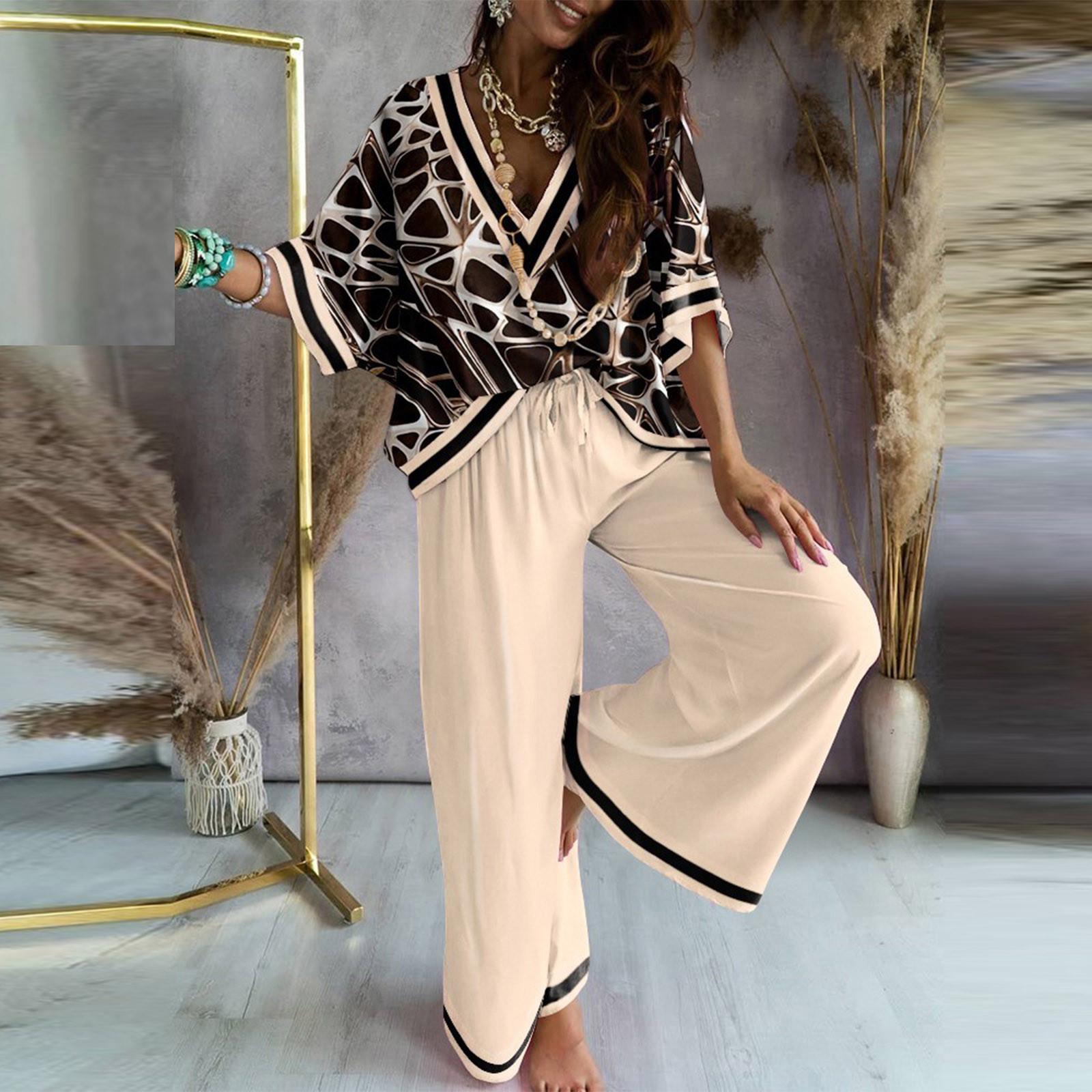 

Женский модный повседневный топ с коротким рукавом и v-образным вырезом с принтом, брючный костюм M бежевый