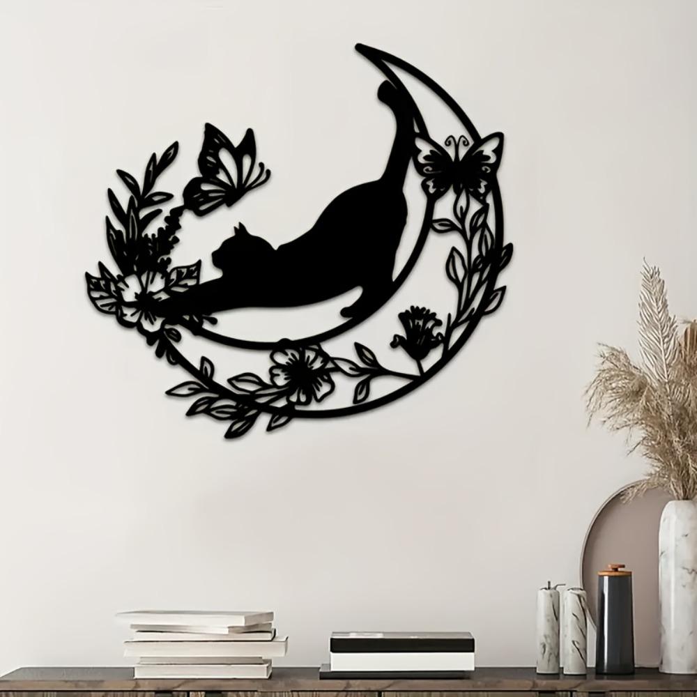 Wrought Iron Black Cat Moon Wall Decor 11.81in Metal Art Sculpture for Living Room Indoor Hanging Home Decoration