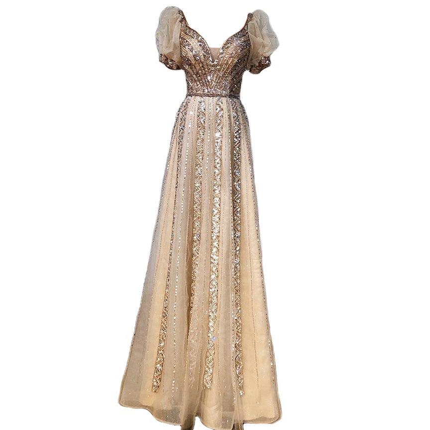 New bubble sleeves light luxury slim bride engagement toast dress high-end luxury host evening dress LA11111