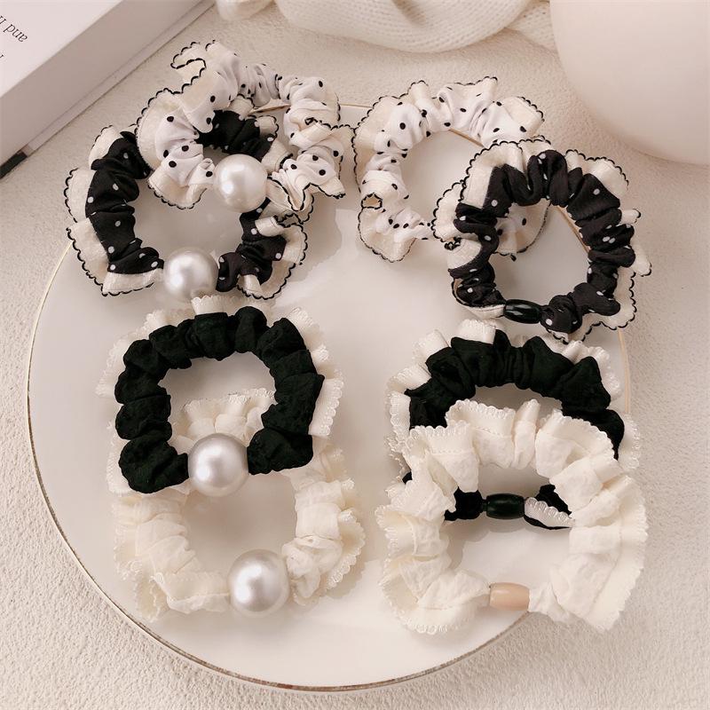 Korean Lace Polka Dot Pearl Scrunchie: Artistic Elastic Hair Band Accessory.