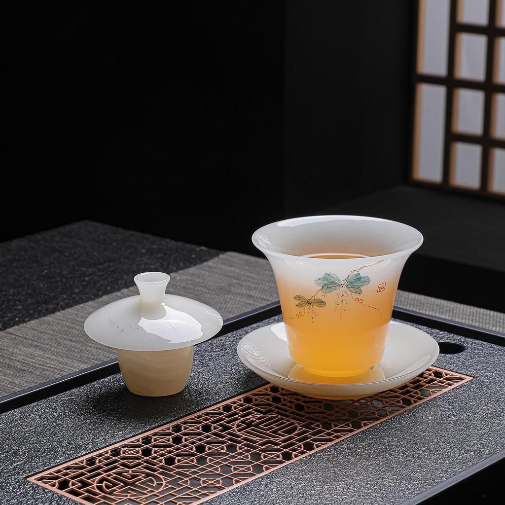 Luxury Hand-painted White Porcelain Jade Tea Set for Home & Commercial Use - High-grade Ice-type Chlorophytum Gongfu Style Gift