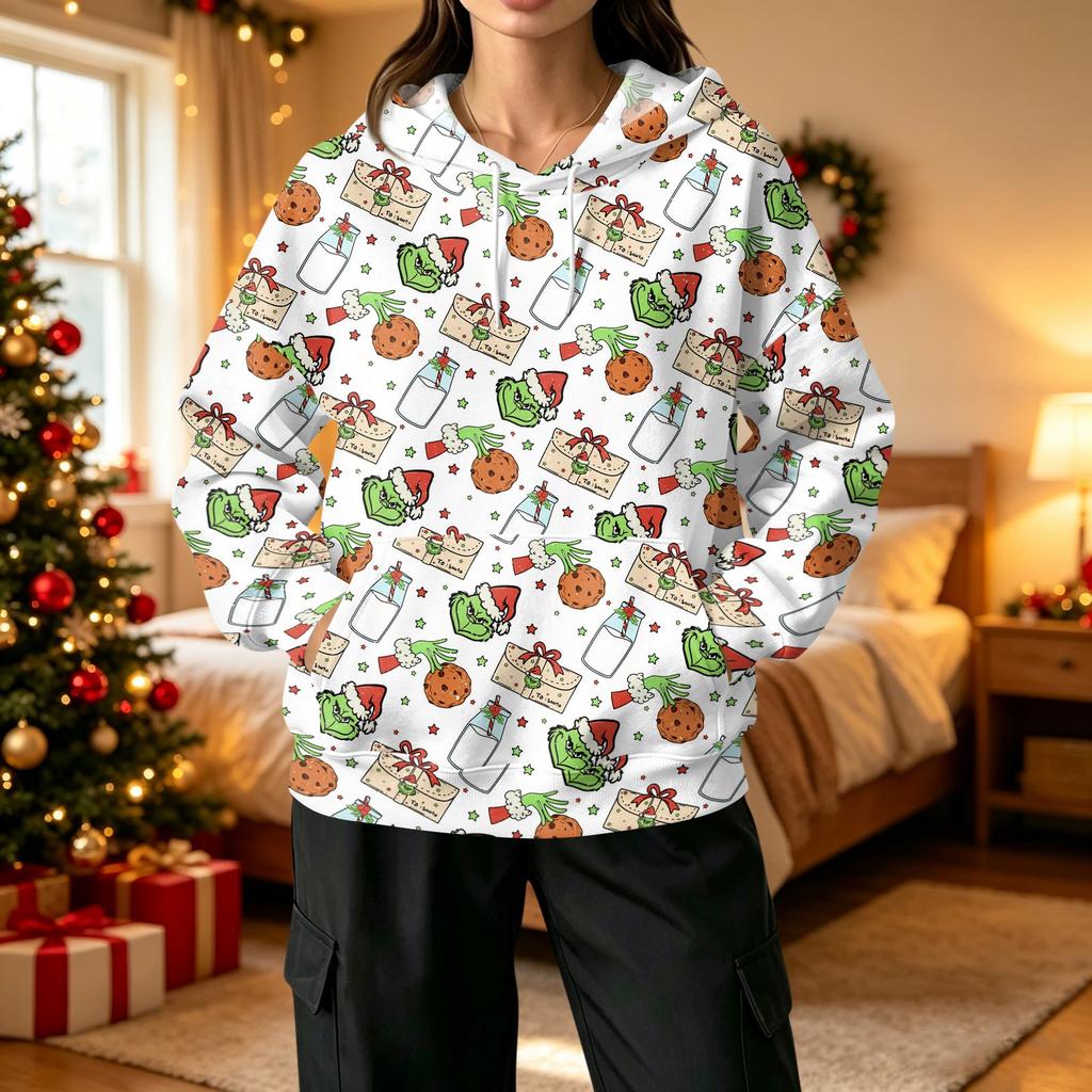 Women's Fashion Casual Christmas Print Hooded Sweatshirt with Pockets