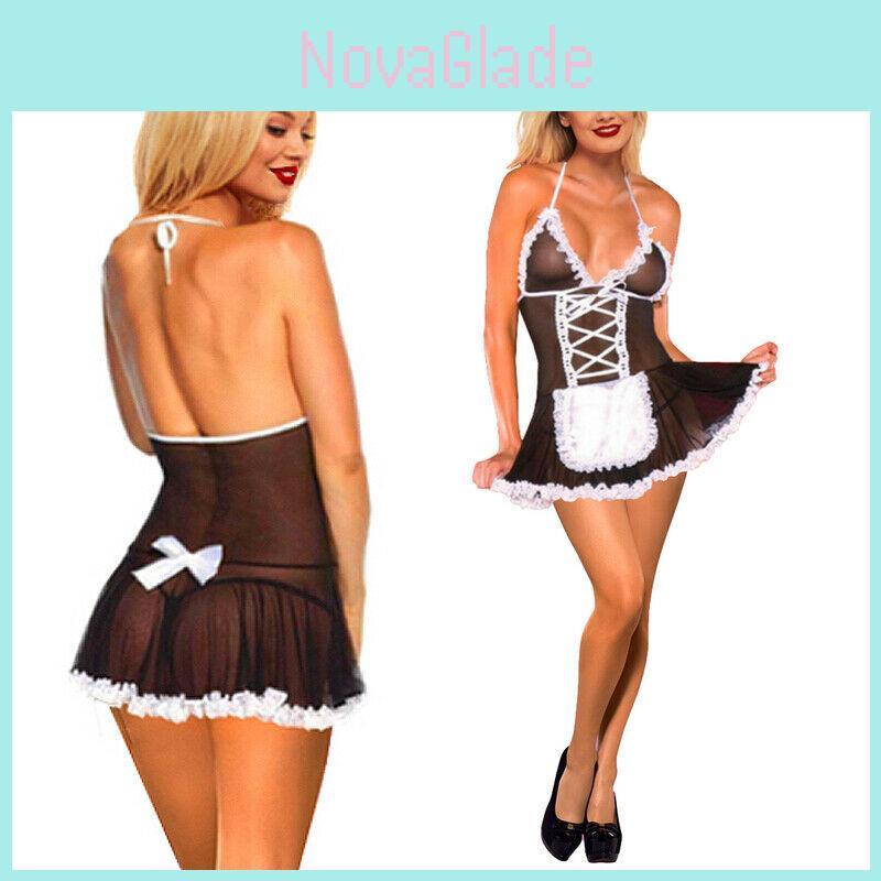 Sexy Lace Lingerie French Maid Cosplay Costume Set Halloween Party Outfit