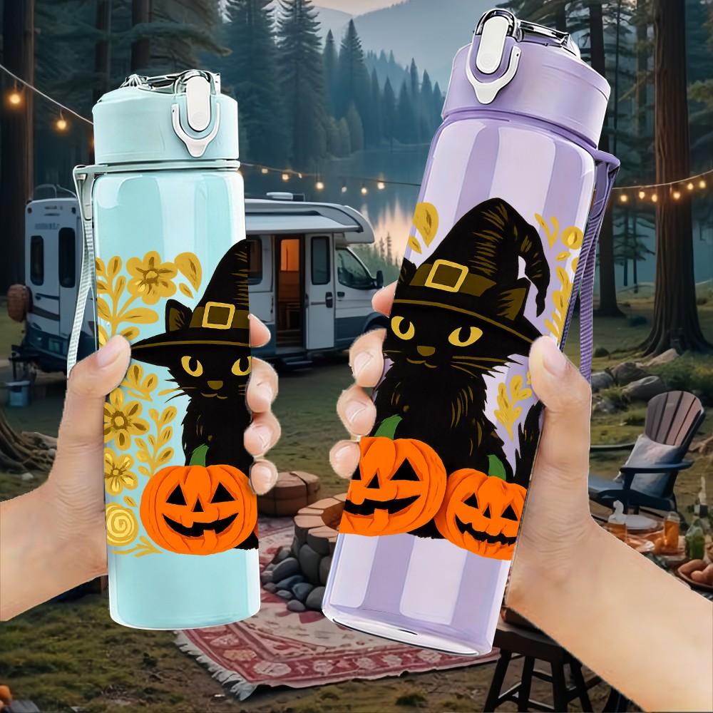 1PC Witch Pumpkin Halloween 750ml Color Plastic Sports Water Bottle Leakproof Flip Straw Lid Suitable for Sports Office Home Use