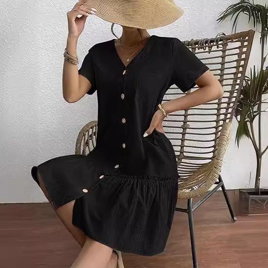 Women's Summer 2025 Casual Ruffle Hem Pocket Dress with Short Sleeves
