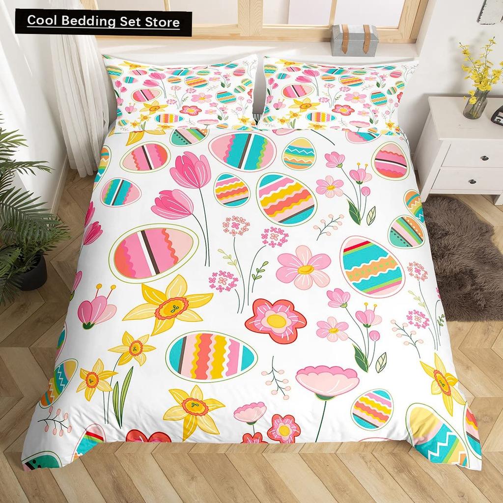 Watercolor Easter Eggs King Queen Bedding Set Happy Easter Themed Duvet Cover Toddlers Rainbow Easter Egg Polyester Quilt Cover
