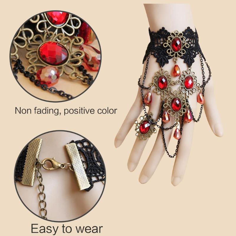 Vintage Spitzenarmbänder Schwarze Spitze Gothic-Armbänder Spitzen-Handschmuck für Damen und Mädchen Kristall Cosplays Anhänger Schmuck