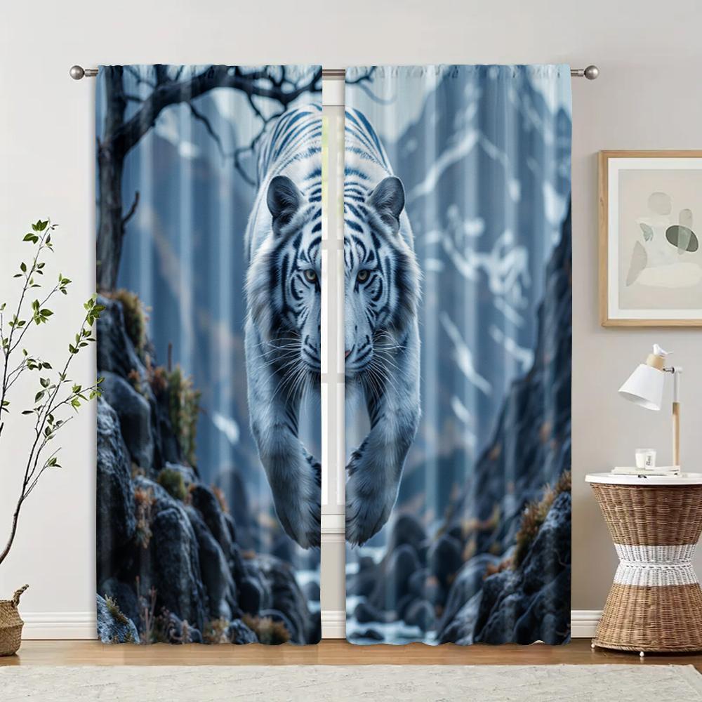 

2 pcs filtering curtains (excluding rods non-movable without batteries) Chinese Ink Tiger for use in bedrooms and living 100*130 HOOK 1pcs