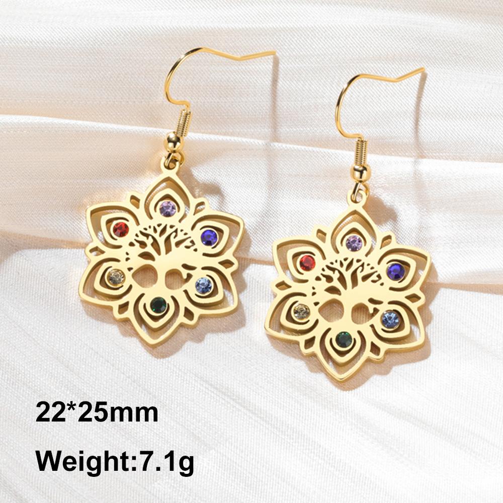 Chakra Lotus Mandala Earrings Tree of Life Colorful Zircon Stainless Steel Dangle Earrings Spiritual Jewelry Yoga Meditation