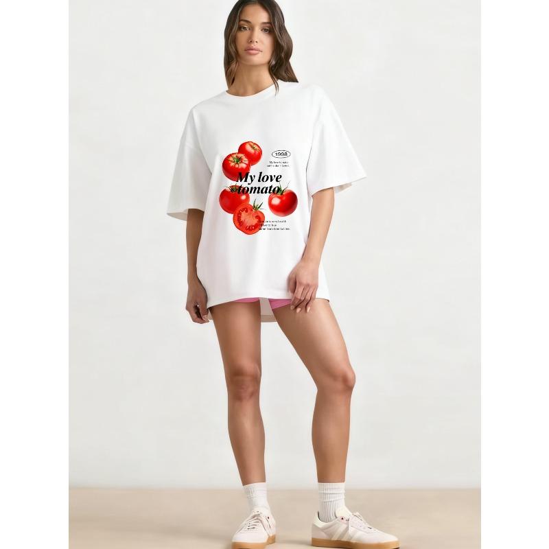 Oversized T Shirt Black Tomatoes Print With My Love Tomatoes Text Casual Wear For Women Summer Outfits Streetwear Fashion Trendy Top