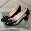 Fashionable High Heels for Women with A Shallow Mouth, Large Size, Thick Heels and Round-toe Bowknots Pumps for Women