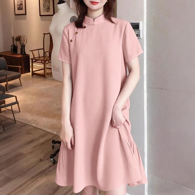 ZANZEA Damen Freizeit Stehkragen Sommer Kurzarm Kleid