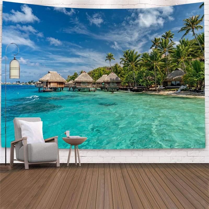 Meer Vollmond Kokosnussbaum Nachtszene Muster Wandteppich Zuhause Wohnzimmer Schlafzimmer Wanddekoration Hintergrund Stoff Wandteppich