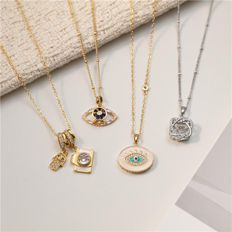 Green Enamel Eye Series Copper Necklace with 18K Gold Zirconia and Diamonds