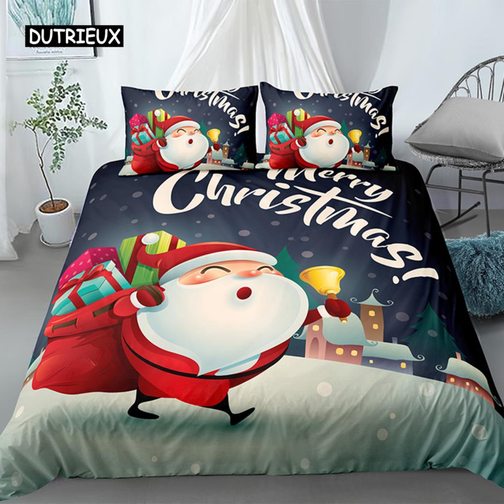 Merry Christmas King Queen Duvet Red Cartoon Santa Car Animals Bedding Set for Children Boy Girl Happy Holiday Theme Quilt Cover