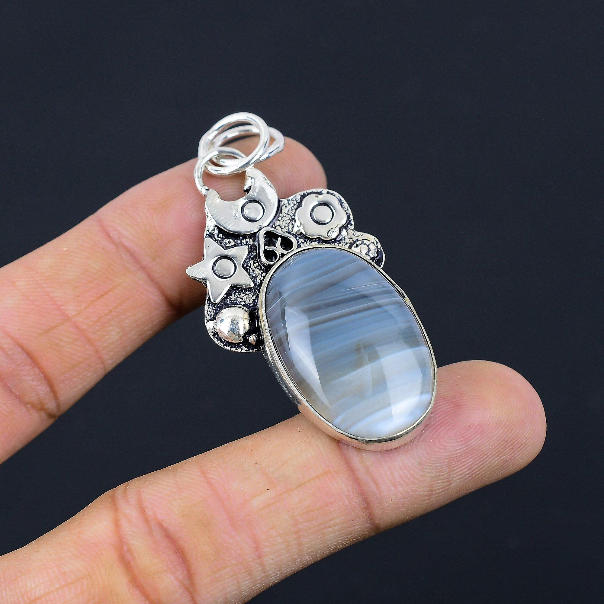 Womens day Deal 925 Sterling Silver Oval Natural Botswana Agate Bezel Pendant