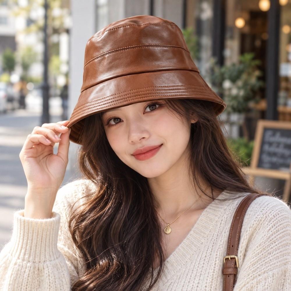 Solid Color Wide Brim Hat Lightweight PU Leather Hat Casual Sun Bucket Hat  Outdoor