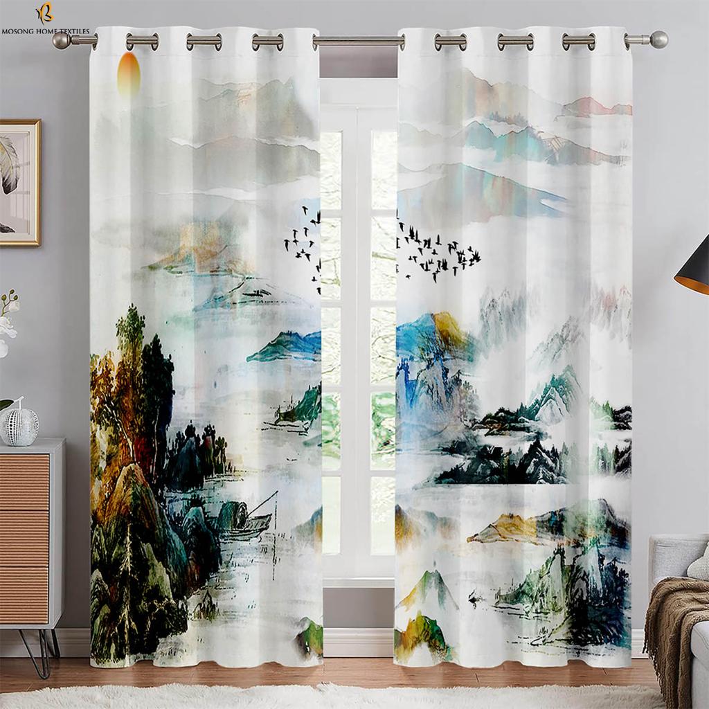 2 Pieces Of Retro Ink Peach Blossom Black And White Print Curtains Bedroom Living Room Study Decorative Curtains
