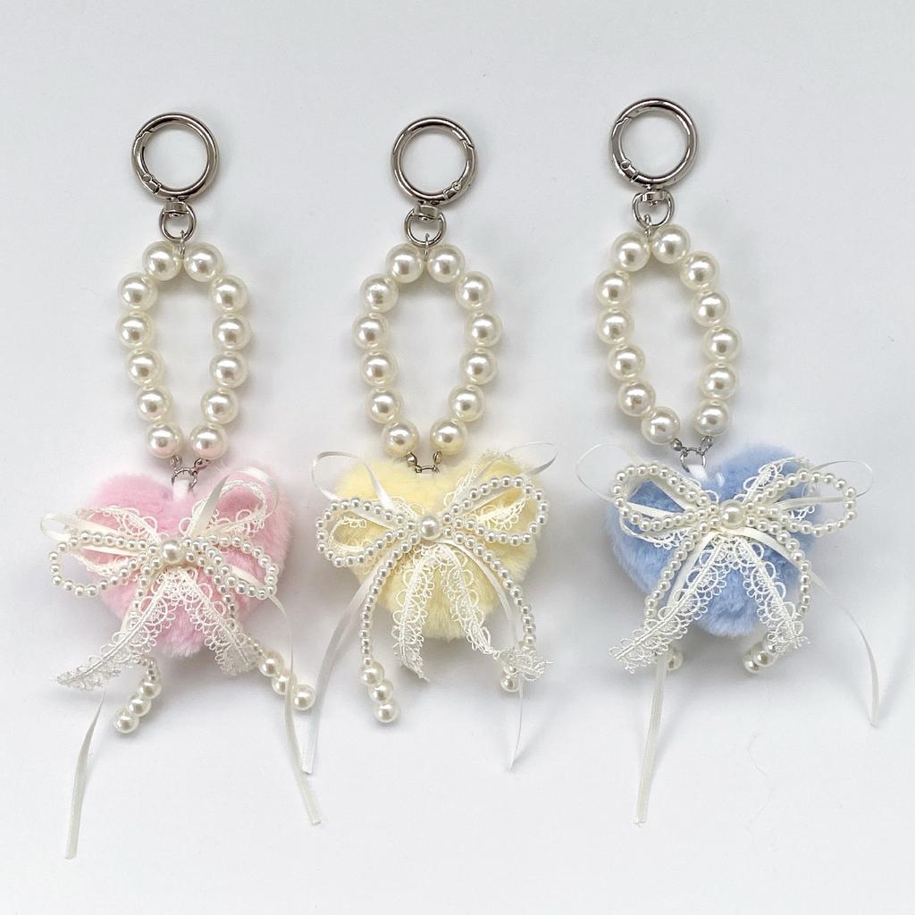 Lovely Heart Shaped Fluffy Keychain with Lace Pearls Detail Decorative Bowknot Bag Charm for Women Girls Gift