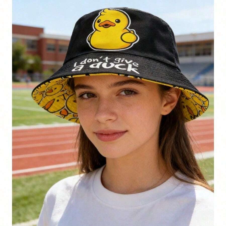 Cappello da Pescatore Hip-Hop Cartoon Stampa Anatra Double-Sided Per Viaggi all'Aperto e Spiaggia