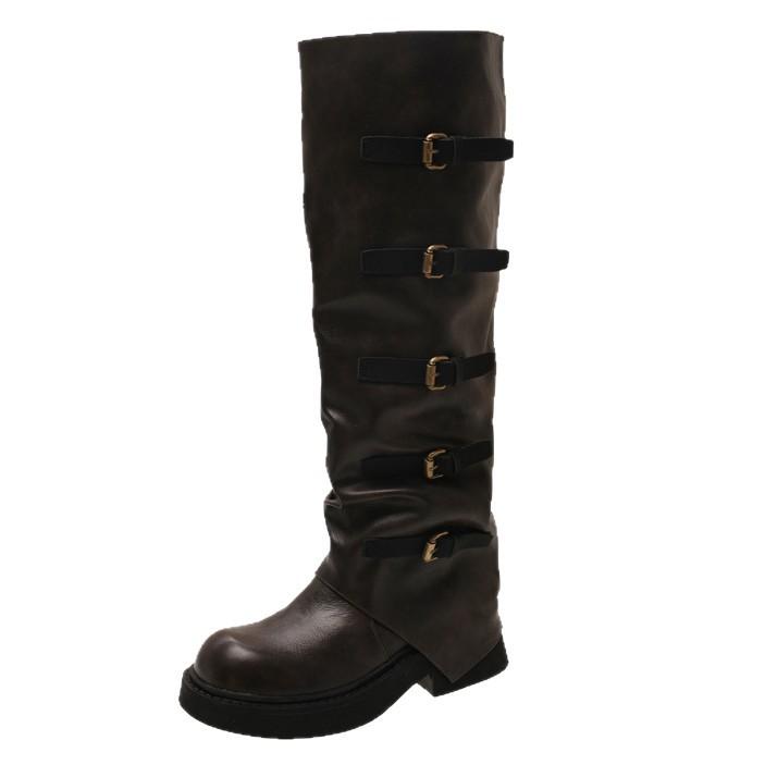 Retro Pleated Stacked Boots Women's 2025 New Long Western Cowboy Boots High Thick Heel Thick-soled Martin Boots Women