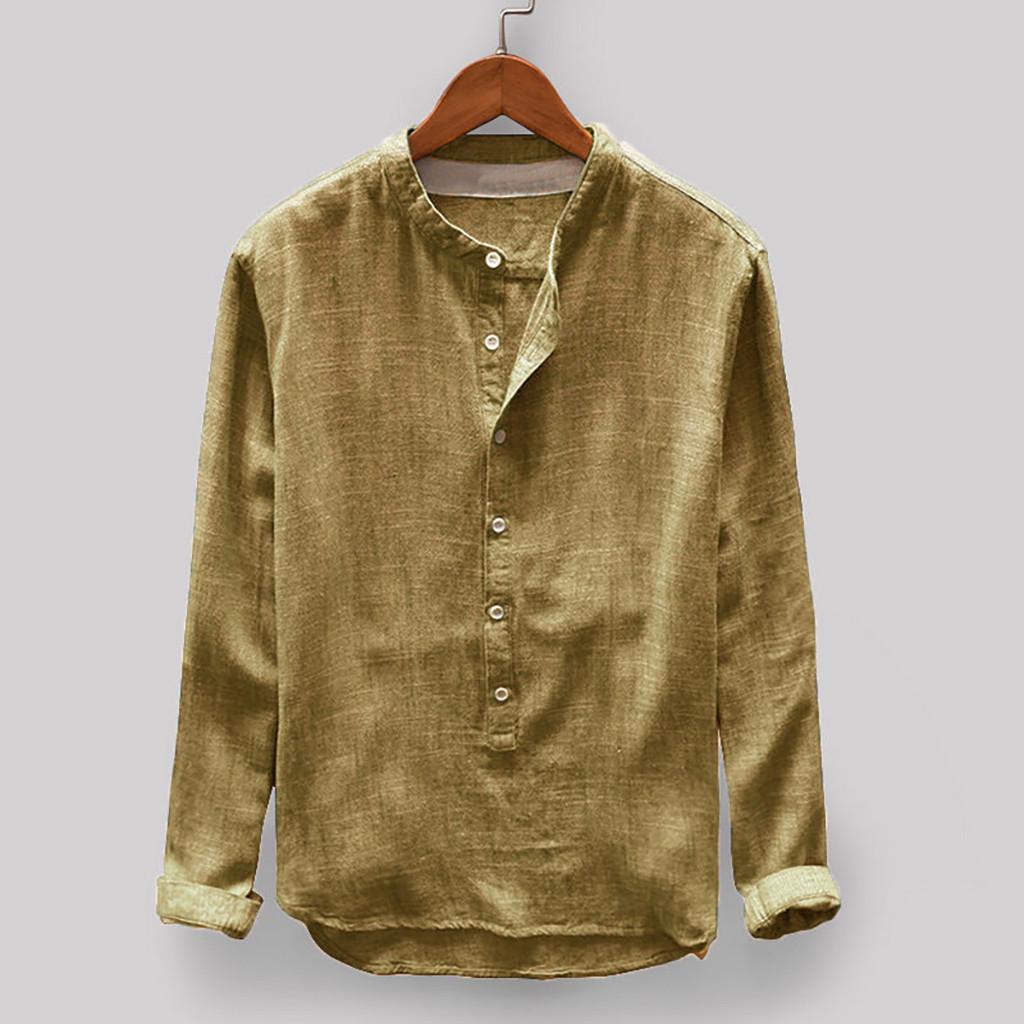 Men's Retro Shirt Solid Color Cotton Line Stand Collar Long Sleeve Large Size Shirt