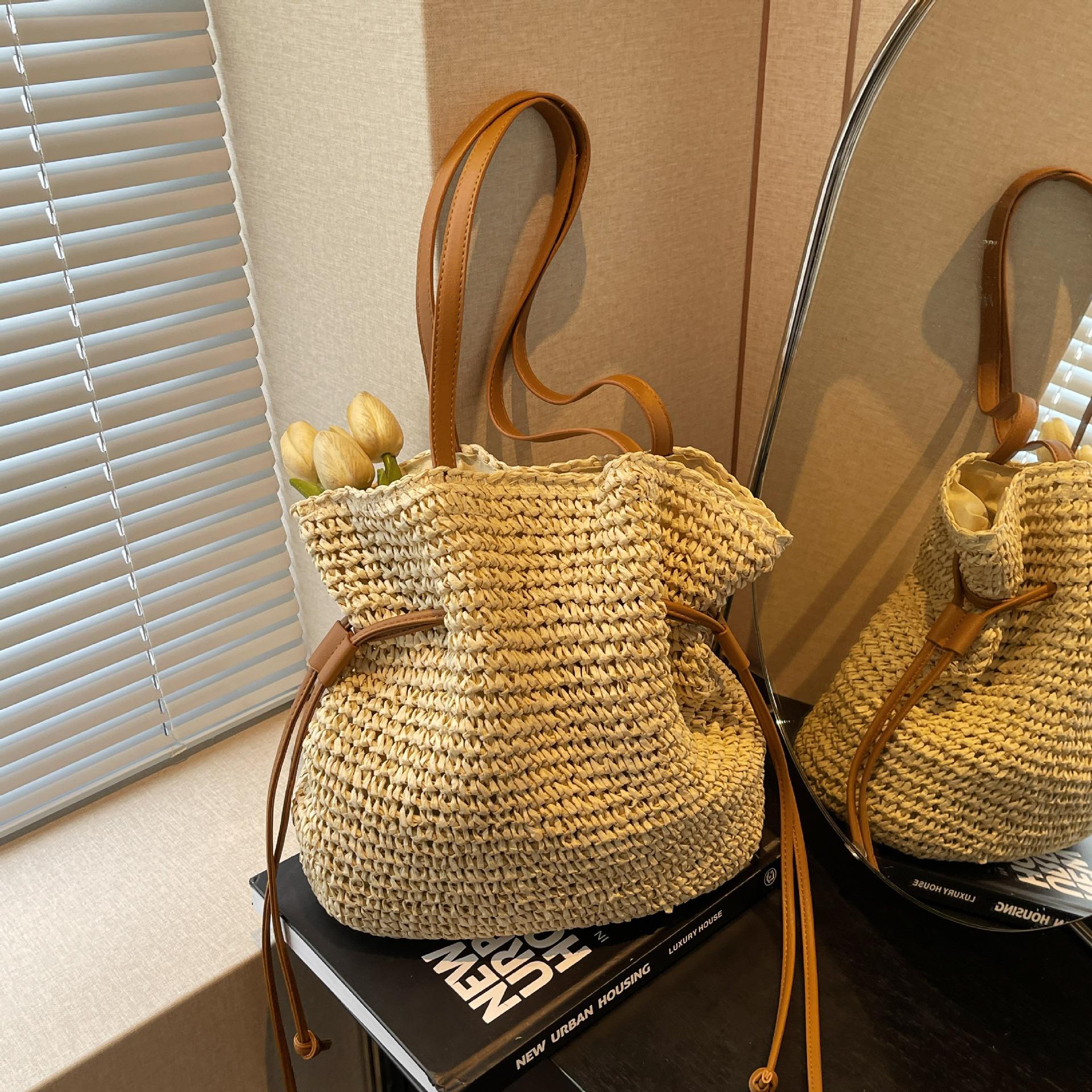 

Сумка-мешок на шнурке женская через плечо Модная соломенная сумка-тоут Пляжная повседневная сумка-ведро