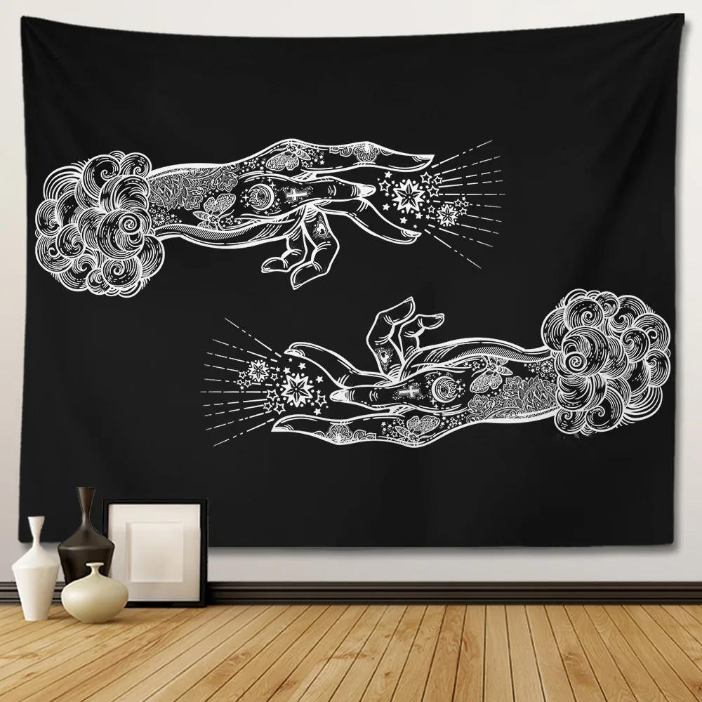 Black and White Moon Hands Tapestry Polyester Witchy Wall Hanging Mystic Gothic Decor for Bedroom Living Room Dorm Background