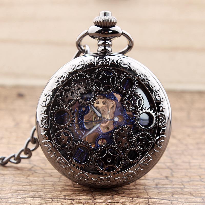 Gear Gun Black Mechanical Pocket Watch Vintage Clamshell Hollow Necklace Pocket Watch for Men and Women