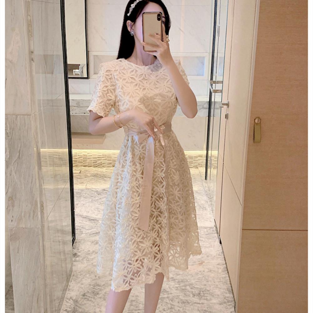 Elegant Mesh Embroidery Flower Summer Dress for Women 2024 New Casual Round Neck Lace-up Slim Short Dress Women Clothing