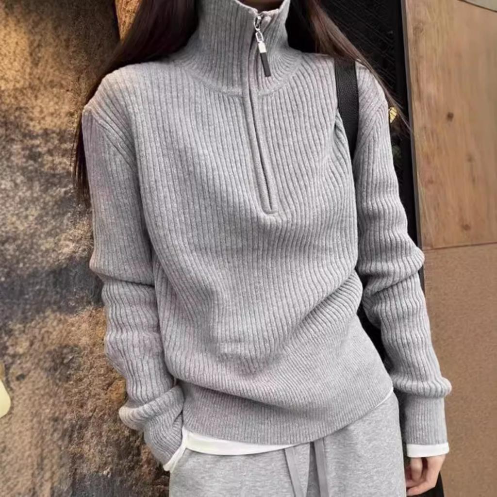 Women's Autumn Winter Half-Zip High Neck Sweater Stylish Gray Inner Wear Knit Top