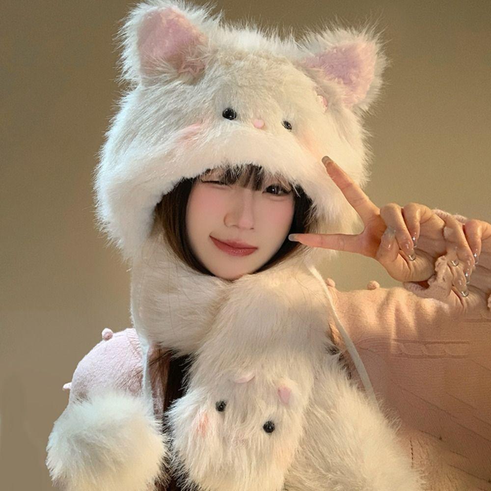 Soft Plush Ear Protection Cap Thickened Warm Integrated Cap Scarf New Winter Warm Cap  Women