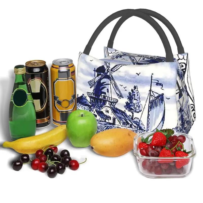 Poster Moară de Vânt Vintage Albastru Delft Olandez Genți de Prânz Izolate pentru Muncă Birou Răcitor Impermeabil Cutie de Prânz Termică Femei