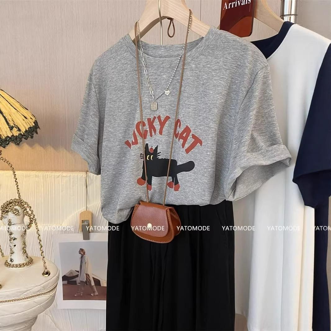 

Women s Cartoon Cat Print Short Sleeve T-shirt - Loose Fit, Summer Design, Round Neck XL сірий колір